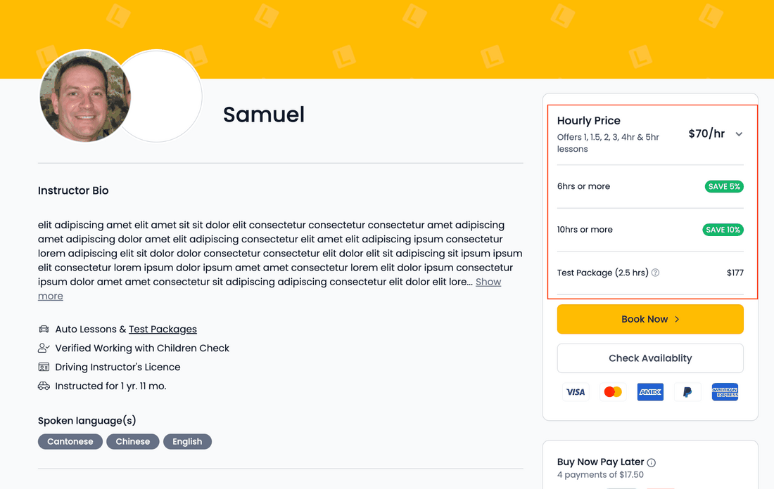 Instructor profile with the Hourly Price section collapsed, showing $70/hr