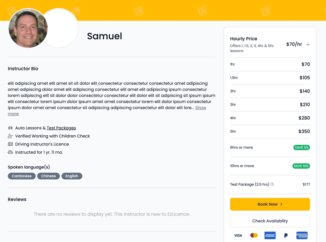 Instructor profile with the Hourly Price section expanded, showing prices for 1hr through 5hr lessons
